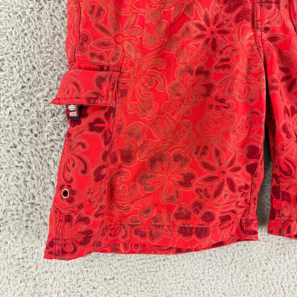 Vintage NSS‎ Board Shorts Mens 34 Red Floral Flocked Hibiscus Cargo Swim Trunks